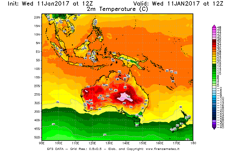 Mappa di analisi GFS - Temperatura a 2 metri dal suolo [°C] in Oceania
							del 11/01/2017 12 <!--googleoff: index-->UTC<!--googleon: index-->