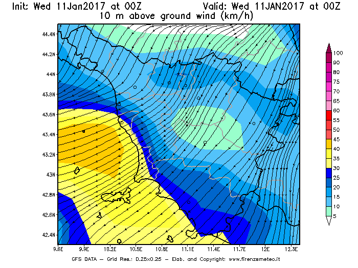 Mappa di analisi GFS - Velocità del vento a 10 metri dal suolo [km/h] in Toscana
									del 11/01/2017 00 <!--googleoff: index-->UTC<!--googleon: index-->