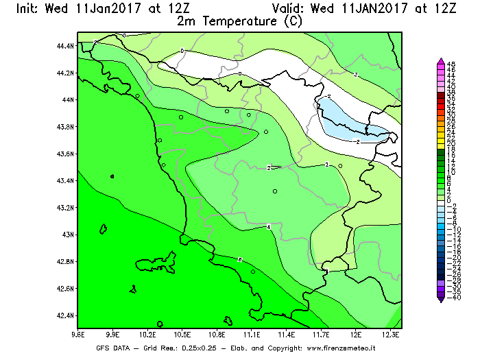 Mappa di analisi GFS - Temperatura a 2 metri dal suolo [°C] in Toscana
							del 11/01/2017 12 <!--googleoff: index-->UTC<!--googleon: index-->