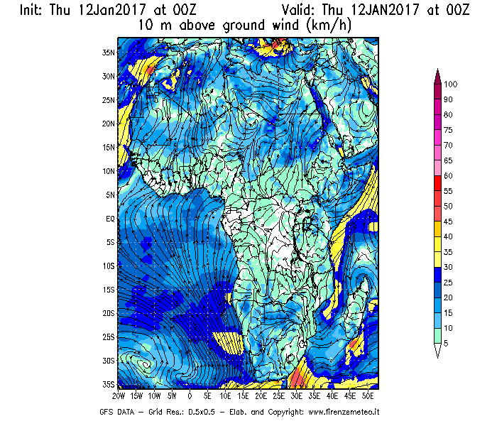 Mappa di analisi GFS - Velocità del vento a 10 metri dal suolo [km/h] in Africa
							del 12/01/2017 00 <!--googleoff: index-->UTC<!--googleon: index-->