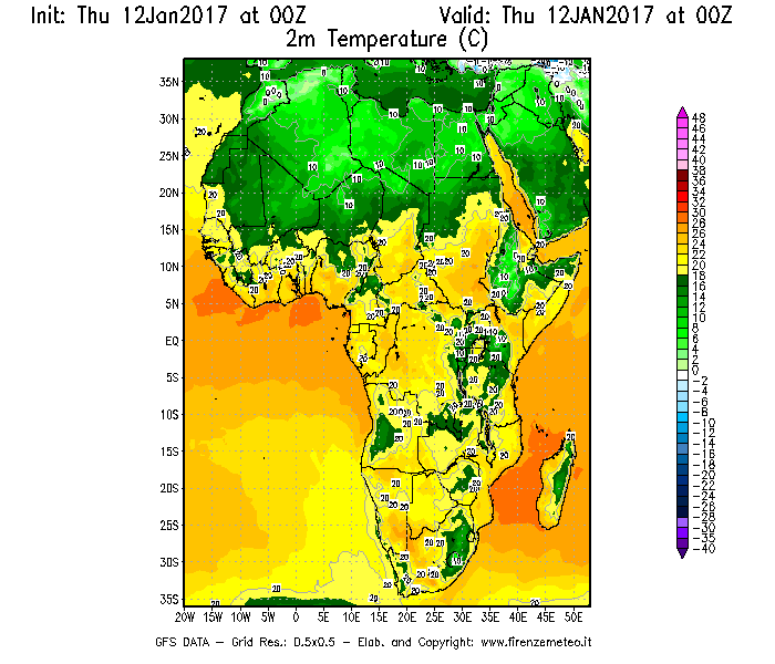 Mappa di analisi GFS - Temperatura a 2 metri dal suolo [°C] in Africa
							del 12/01/2017 00 <!--googleoff: index-->UTC<!--googleon: index-->