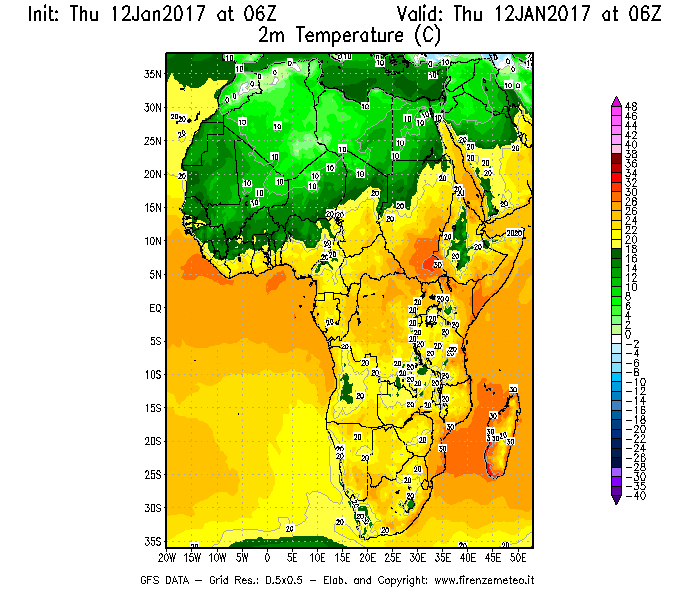 Mappa di analisi GFS - Temperatura a 2 metri dal suolo [°C] in Africa
							del 12/01/2017 06 <!--googleoff: index-->UTC<!--googleon: index-->