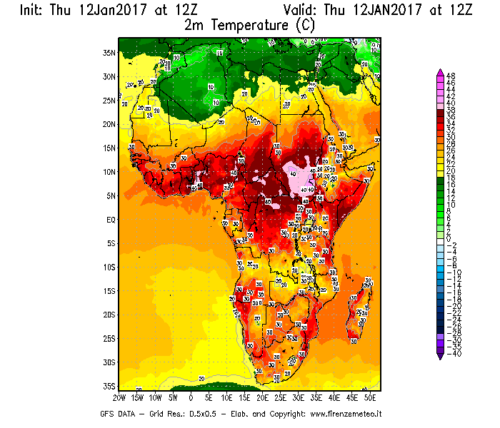 Mappa di analisi GFS - Temperatura a 2 metri dal suolo [°C] in Africa
							del 12/01/2017 12 <!--googleoff: index-->UTC<!--googleon: index-->