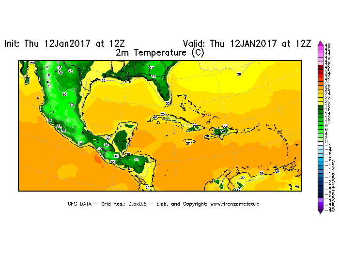 Mappa di analisi GFS - Temperatura a 2 metri dal suolo [°C] in Centro-America
							del 12/01/2017 12 <!--googleoff: index-->UTC<!--googleon: index-->