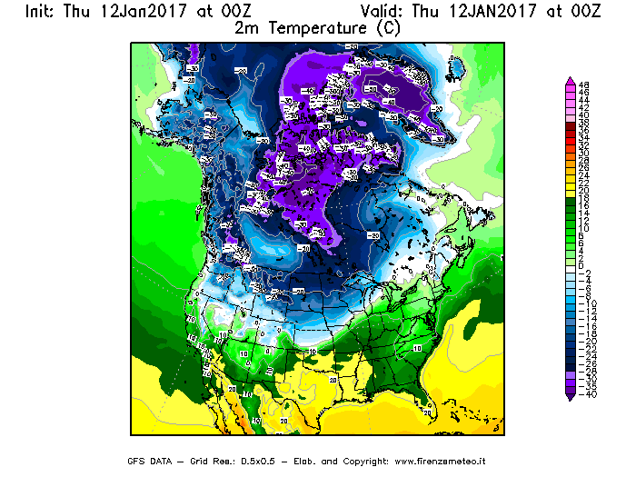 Mappa di analisi GFS - Temperatura a 2 metri dal suolo [°C] in Nord-America
							del 12/01/2017 00 <!--googleoff: index-->UTC<!--googleon: index-->