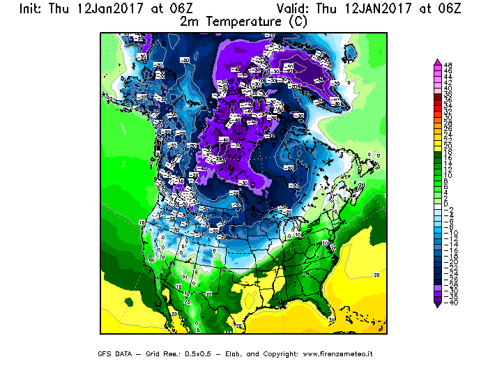 Mappa di analisi GFS - Temperatura a 2 metri dal suolo [°C] in Nord-America
							del 12/01/2017 06 <!--googleoff: index-->UTC<!--googleon: index-->
