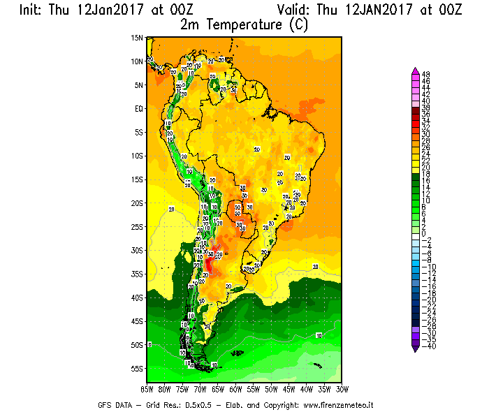 Mappa di analisi GFS - Temperatura a 2 metri dal suolo [°C] in Sud-America
							del 12/01/2017 00 <!--googleoff: index-->UTC<!--googleon: index-->