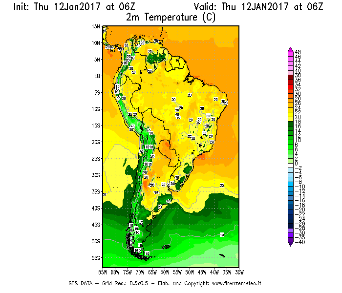 Mappa di analisi GFS - Temperatura a 2 metri dal suolo [°C] in Sud-America
							del 12/01/2017 06 <!--googleoff: index-->UTC<!--googleon: index-->