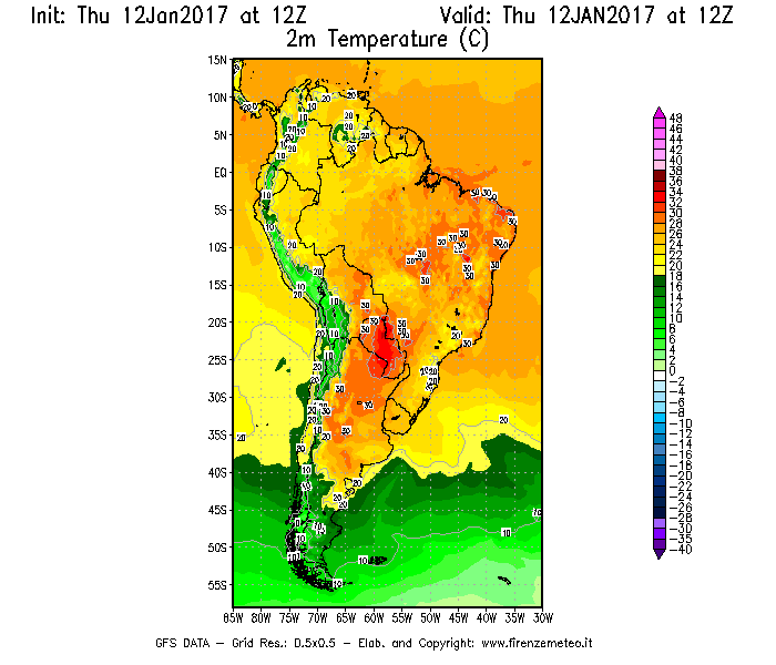 Mappa di analisi GFS - Temperatura a 2 metri dal suolo [°C] in Sud-America
							del 12/01/2017 12 <!--googleoff: index-->UTC<!--googleon: index-->
