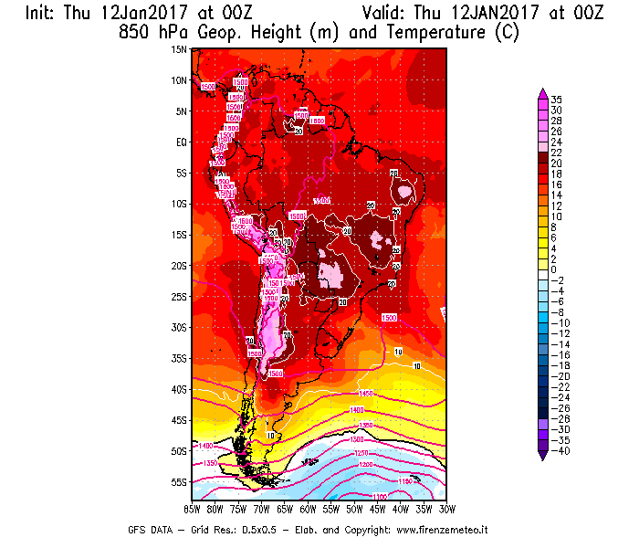 Mappa di analisi GFS - Geopotenziale [m] e Temperatura [°C] a 850 hPa in Sud-America
							del 12/01/2017 00 <!--googleoff: index-->UTC<!--googleon: index-->