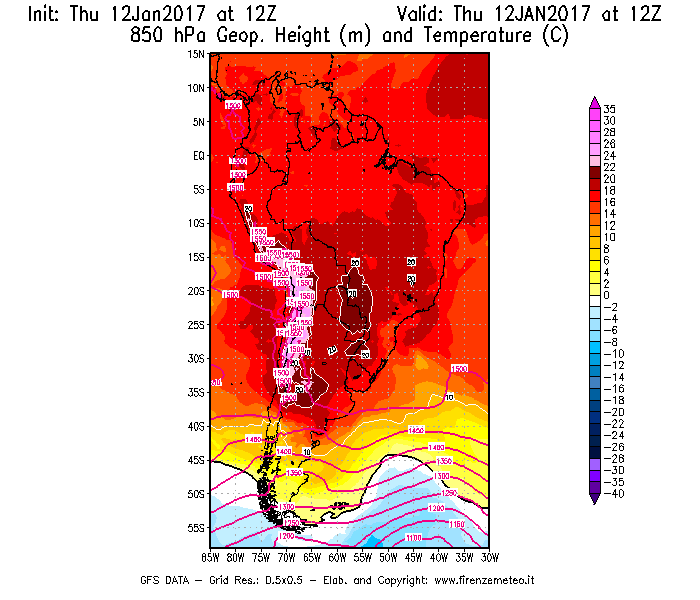 Mappa di analisi GFS - Geopotenziale [m] e Temperatura [°C] a 850 hPa in Sud-America
							del 12/01/2017 12 <!--googleoff: index-->UTC<!--googleon: index-->