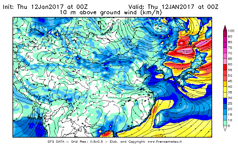 Mappa di analisi GFS - Velocità del vento a 10 metri dal suolo [km/h] in Asia Orientale
							del 12/01/2017 00 <!--googleoff: index-->UTC<!--googleon: index-->