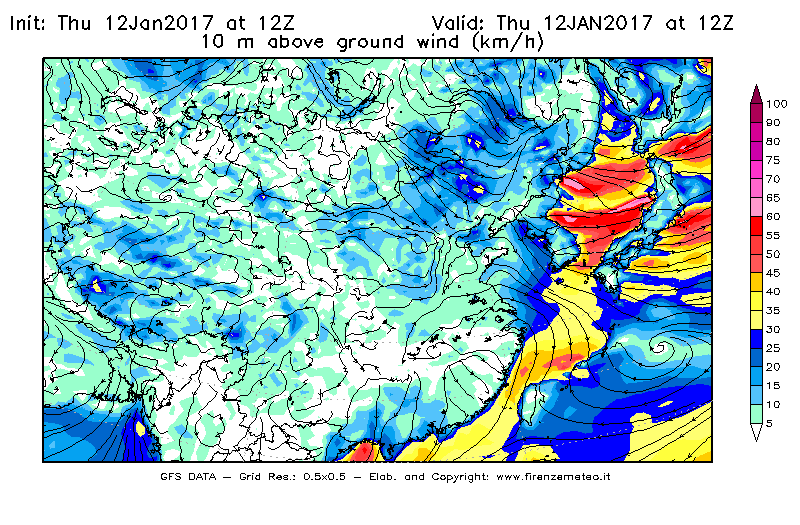 Mappa di analisi GFS - Velocità del vento a 10 metri dal suolo [km/h] in Asia Orientale
							del 12/01/2017 12 <!--googleoff: index-->UTC<!--googleon: index-->