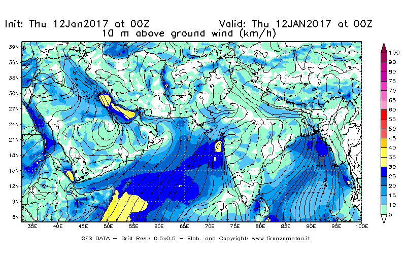 Mappa di analisi GFS - Velocità del vento a 10 metri dal suolo [km/h] in Asia Sud-Occidentale
							del 12/01/2017 00 <!--googleoff: index-->UTC<!--googleon: index-->