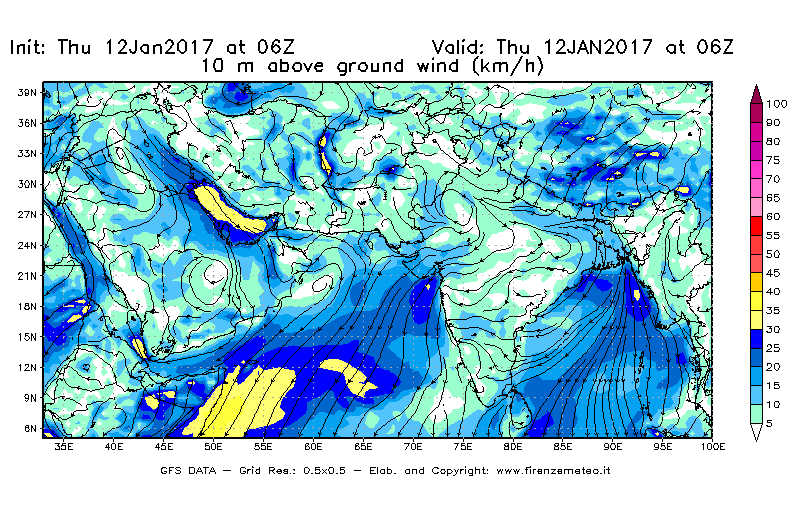 Mappa di analisi GFS - Velocità del vento a 10 metri dal suolo [km/h] in Asia Sud-Occidentale
							del 12/01/2017 06 <!--googleoff: index-->UTC<!--googleon: index-->