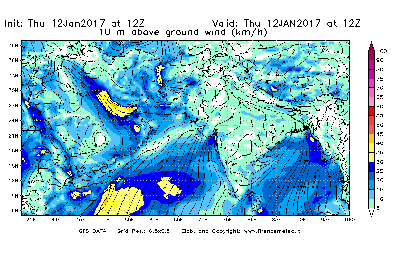 Mappa di analisi GFS - Velocità del vento a 10 metri dal suolo [km/h] in Asia Sud-Occidentale
							del 12/01/2017 12 <!--googleoff: index-->UTC<!--googleon: index-->