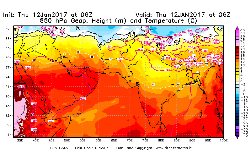 Mappa di analisi GFS - Geopotenziale [m] e Temperatura [°C] a 850 hPa in Asia Sud-Occidentale
							del 12/01/2017 06 <!--googleoff: index-->UTC<!--googleon: index-->