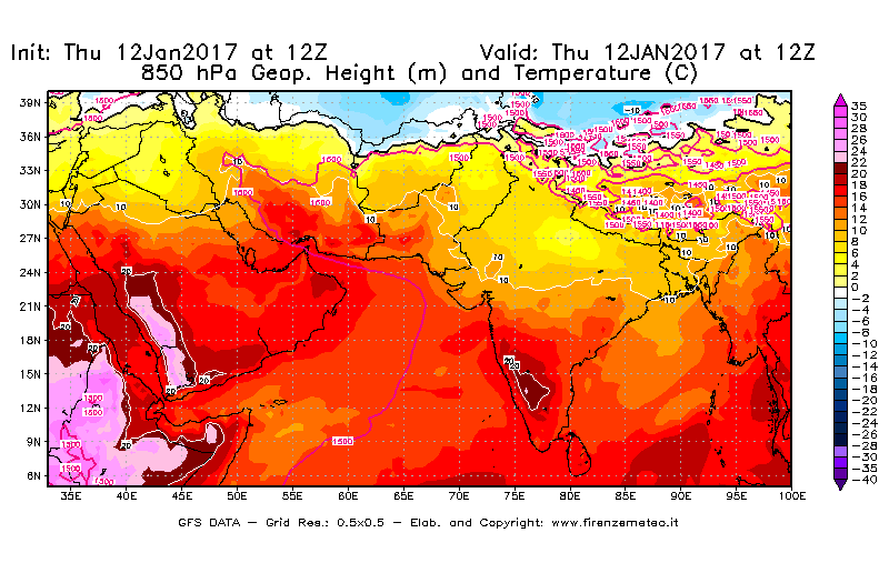 Mappa di analisi GFS - Geopotenziale [m] e Temperatura [°C] a 850 hPa in Asia Sud-Occidentale
							del 12/01/2017 12 <!--googleoff: index-->UTC<!--googleon: index-->