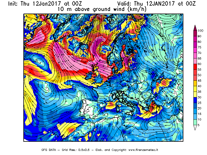 Mappa di analisi GFS - Velocità del vento a 10 metri dal suolo [km/h] in Europa
							del 12/01/2017 00 <!--googleoff: index-->UTC<!--googleon: index-->