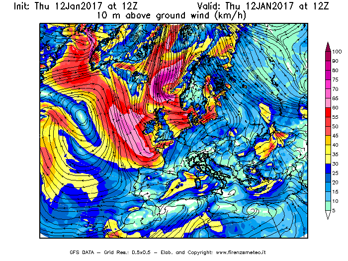 Mappa di analisi GFS - Velocità del vento a 10 metri dal suolo [km/h] in Europa
							del 12/01/2017 12 <!--googleoff: index-->UTC<!--googleon: index-->