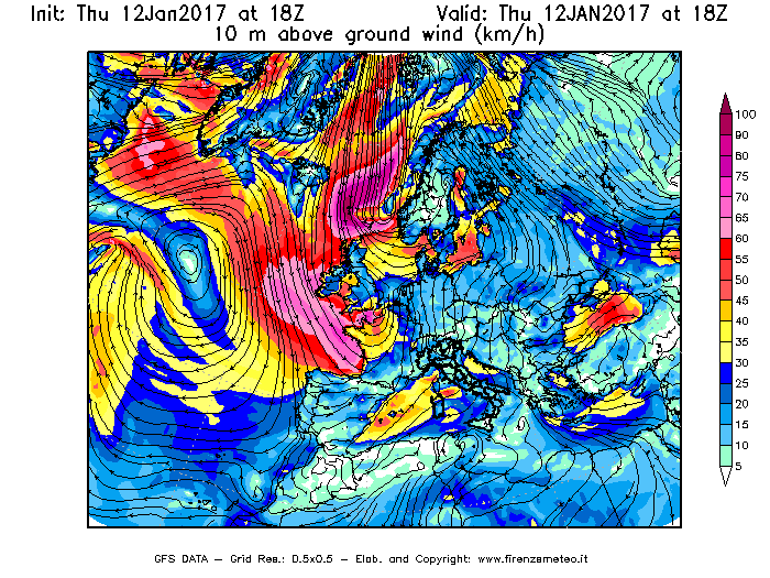 Mappa di analisi GFS - Velocità del vento a 10 metri dal suolo [km/h] in Europa
							del 12/01/2017 18 <!--googleoff: index-->UTC<!--googleon: index-->