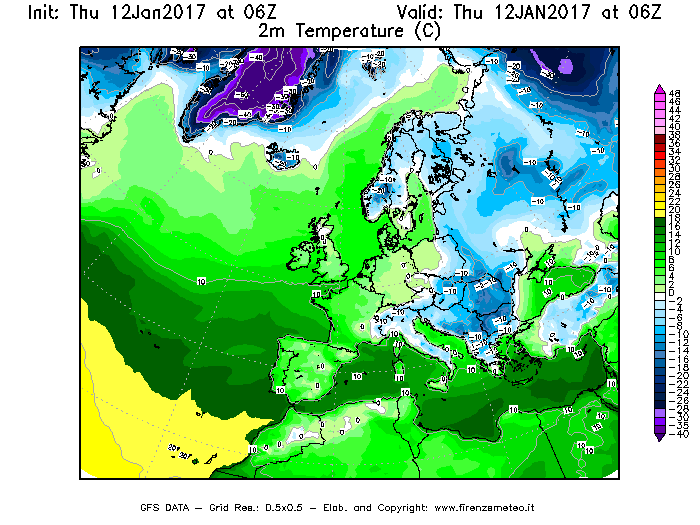 Mappa di analisi GFS - Temperatura a 2 metri dal suolo [°C] in Europa
							del 12/01/2017 06 <!--googleoff: index-->UTC<!--googleon: index-->