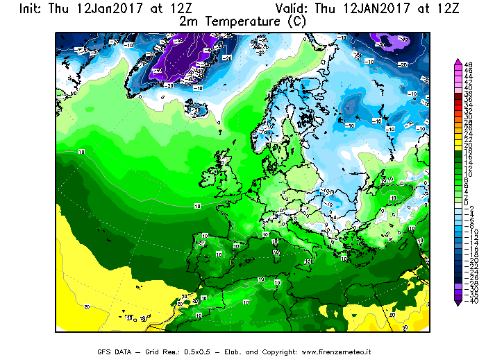 Mappa di analisi GFS - Temperatura a 2 metri dal suolo [°C] in Europa
							del 12/01/2017 12 <!--googleoff: index-->UTC<!--googleon: index-->