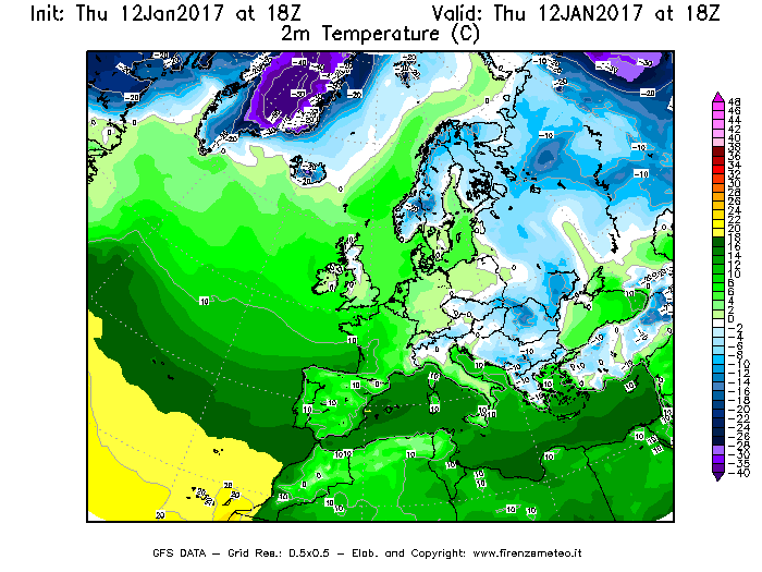 Mappa di analisi GFS - Temperatura a 2 metri dal suolo [°C] in Europa
							del 12/01/2017 18 <!--googleoff: index-->UTC<!--googleon: index-->
