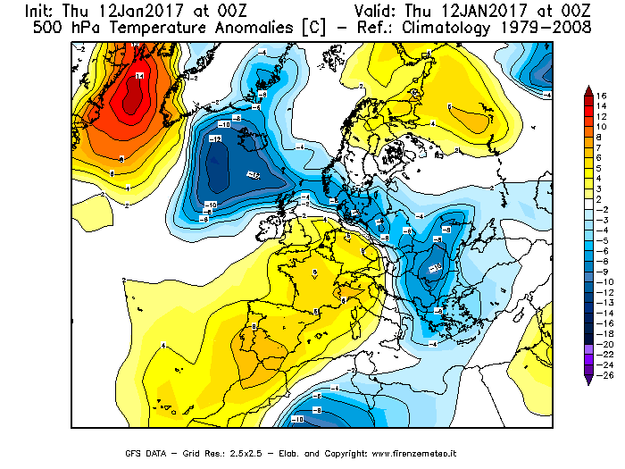 Mappa di analisi GFS - Anomalia Temperatura [°C] a 500 hPa in Europa
							del 12/01/2017 00 <!--googleoff: index-->UTC<!--googleon: index-->