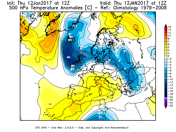 Mappa di analisi GFS - Anomalia Temperatura [°C] a 500 hPa in Europa
							del 12/01/2017 12 <!--googleoff: index-->UTC<!--googleon: index-->