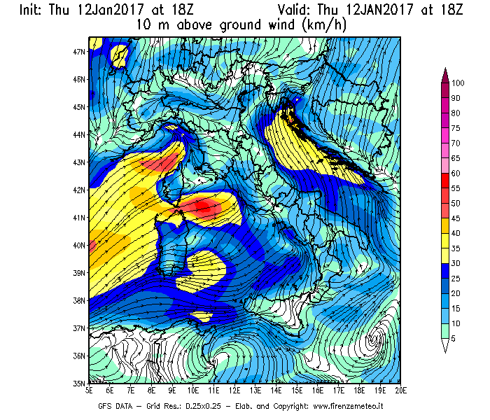 Mappa di analisi GFS - Velocità del vento a 10 metri dal suolo [km/h] in Italia
							del 12/01/2017 18 <!--googleoff: index-->UTC<!--googleon: index-->