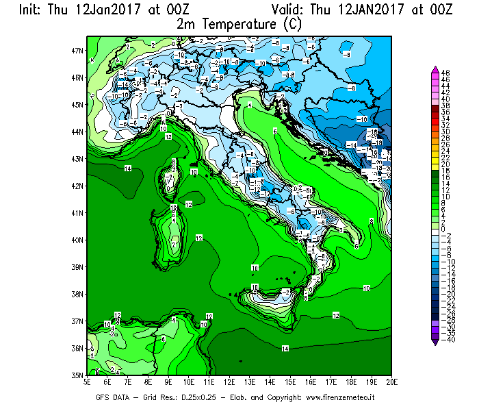 Mappa di analisi GFS - Temperatura a 2 metri dal suolo [°C] in Italia
							del 12/01/2017 00 <!--googleoff: index-->UTC<!--googleon: index-->