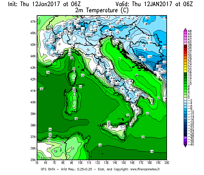 Mappa di analisi GFS - Temperatura a 2 metri dal suolo [°C] in Italia
							del 12/01/2017 06 <!--googleoff: index-->UTC<!--googleon: index-->