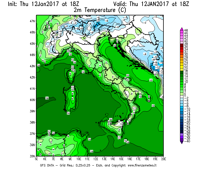 Mappa di analisi GFS - Temperatura a 2 metri dal suolo [°C] in Italia
							del 12/01/2017 18 <!--googleoff: index-->UTC<!--googleon: index-->