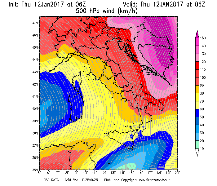 Mappa di analisi GFS - Velocità del vento a 500 hPa [km/h] in Italia
							del 12/01/2017 06 <!--googleoff: index-->UTC<!--googleon: index-->