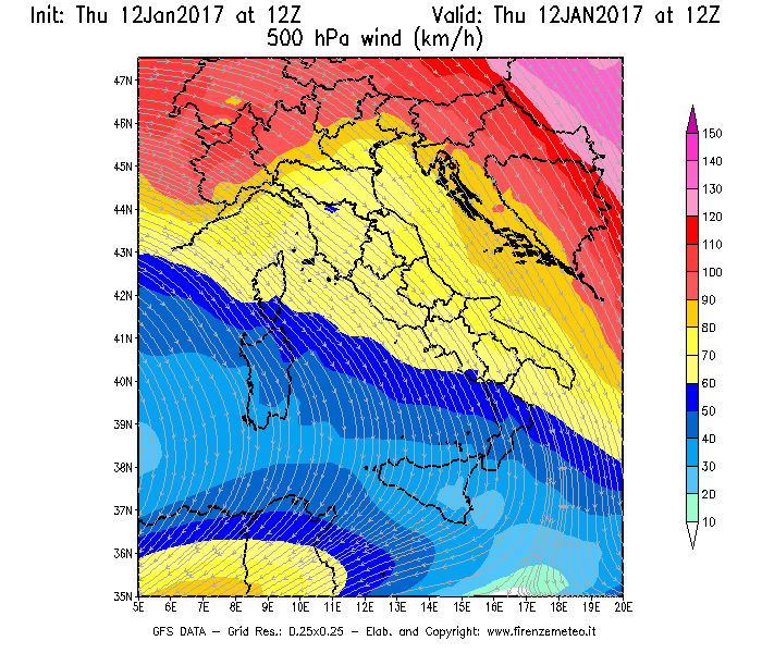 Mappa di analisi GFS - Velocità del vento a 500 hPa [km/h] in Italia
							del 12/01/2017 12 <!--googleoff: index-->UTC<!--googleon: index-->