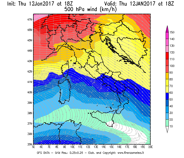 Mappa di analisi GFS - Velocità del vento a 500 hPa [km/h] in Italia
							del 12/01/2017 18 <!--googleoff: index-->UTC<!--googleon: index-->