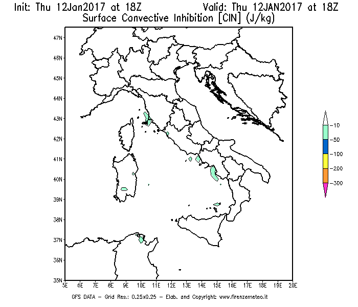 Mappa di analisi GFS - CIN [J/kg] in Italia
							del 12/01/2017 18 <!--googleoff: index-->UTC<!--googleon: index-->