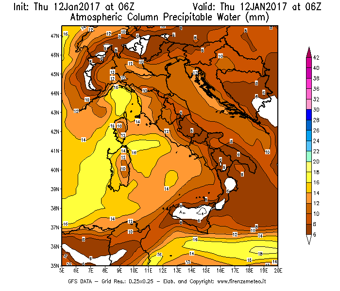 Mappa di analisi GFS - Precipitable Water [mm] in Italia
							del 12/01/2017 06 <!--googleoff: index-->UTC<!--googleon: index-->