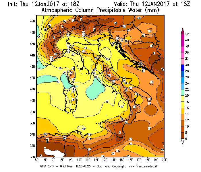 Mappa di analisi GFS - Precipitable Water [mm] in Italia
							del 12/01/2017 18 <!--googleoff: index-->UTC<!--googleon: index-->