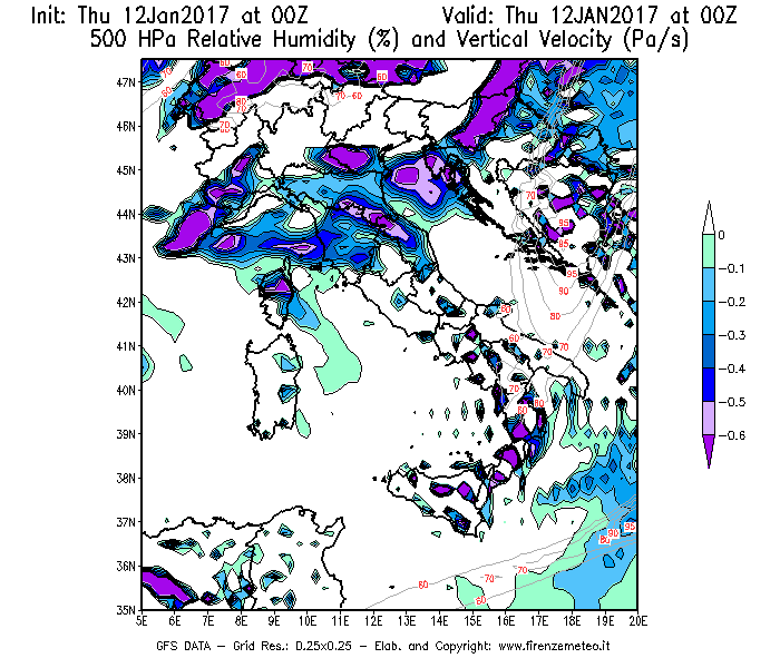 Mappa di analisi GFS - Umidità relativa [%] e Omega [Pa/s] a 500 hPa in Italia
							del 12/01/2017 00 <!--googleoff: index-->UTC<!--googleon: index-->