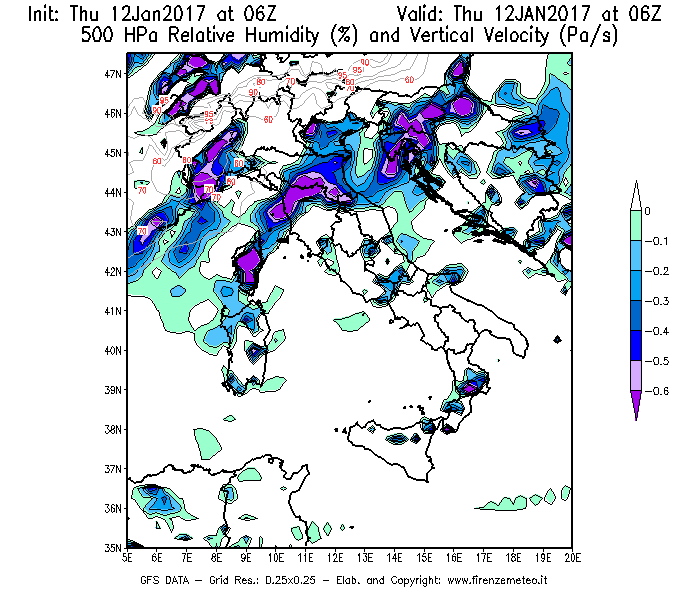Mappa di analisi GFS - Umidità relativa [%] e Omega [Pa/s] a 500 hPa in Italia
							del 12/01/2017 06 <!--googleoff: index-->UTC<!--googleon: index-->