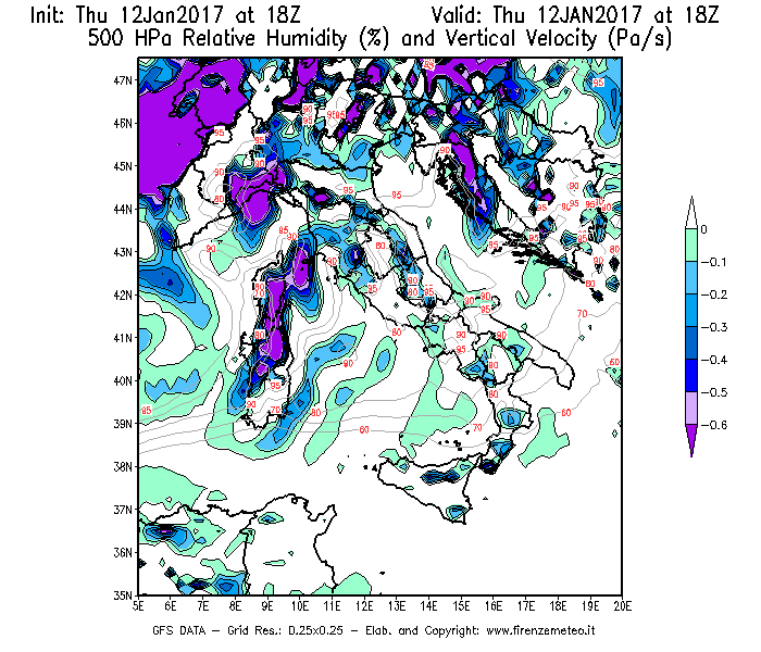 Mappa di analisi GFS - Umidità relativa [%] e Omega [Pa/s] a 500 hPa in Italia
							del 12/01/2017 18 <!--googleoff: index-->UTC<!--googleon: index-->