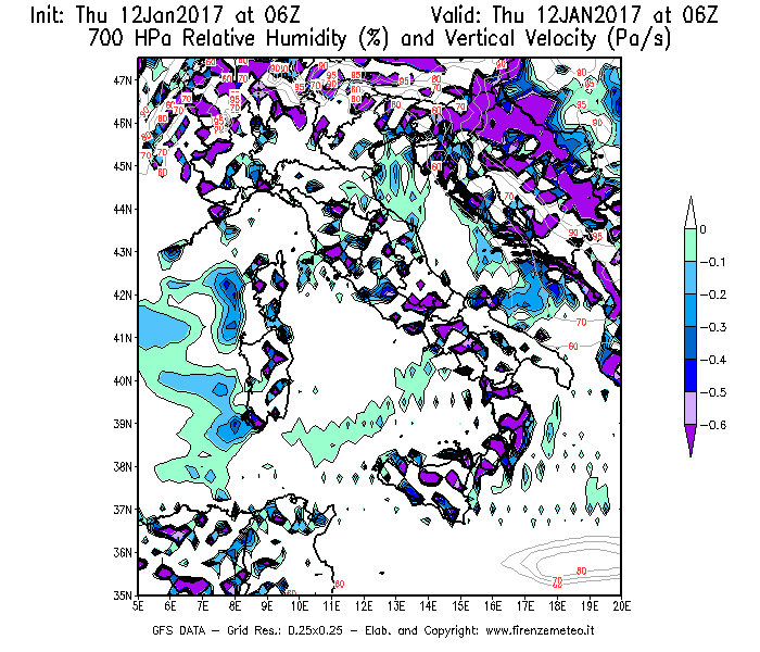 Mappa di analisi GFS - Umidità relativa [%] e Omega [Pa/s] a 700 hPa in Italia
							del 12/01/2017 06 <!--googleoff: index-->UTC<!--googleon: index-->