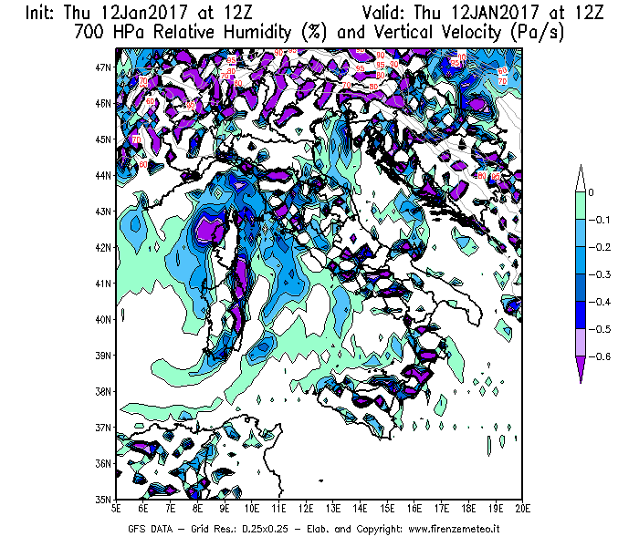 Mappa di analisi GFS - Umidità relativa [%] e Omega [Pa/s] a 700 hPa in Italia
							del 12/01/2017 12 <!--googleoff: index-->UTC<!--googleon: index-->