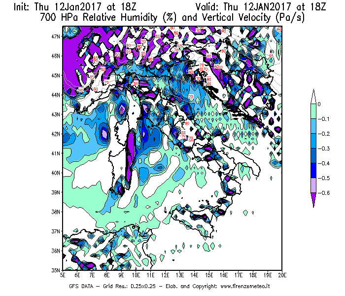 Mappa di analisi GFS - Umidità relativa [%] e Omega [Pa/s] a 700 hPa in Italia
							del 12/01/2017 18 <!--googleoff: index-->UTC<!--googleon: index-->