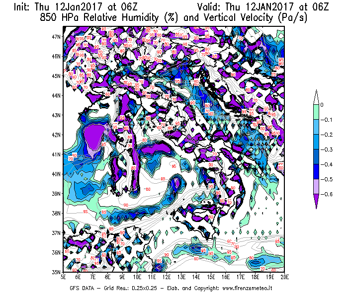 Mappa di analisi GFS - Umidità relativa [%] e Omega [Pa/s] a 850 hPa in Italia
							del 12/01/2017 06 <!--googleoff: index-->UTC<!--googleon: index-->