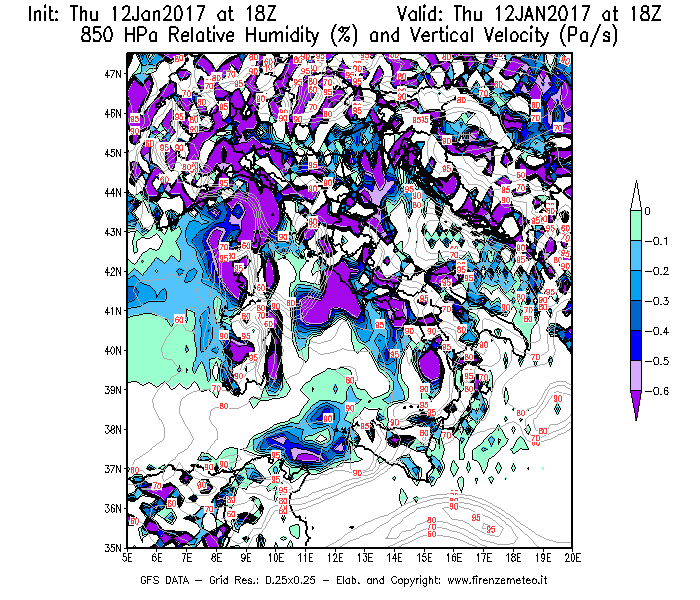 Mappa di analisi GFS - Umidità relativa [%] e Omega [Pa/s] a 850 hPa in Italia
							del 12/01/2017 18 <!--googleoff: index-->UTC<!--googleon: index-->