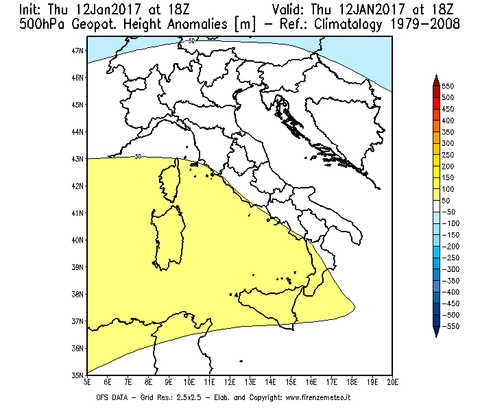 Mappa di analisi GFS - Anomalia di Geopotenziale a 500 hPa in Italia
							del 12/01/2017 18 <!--googleoff: index-->UTC<!--googleon: index-->