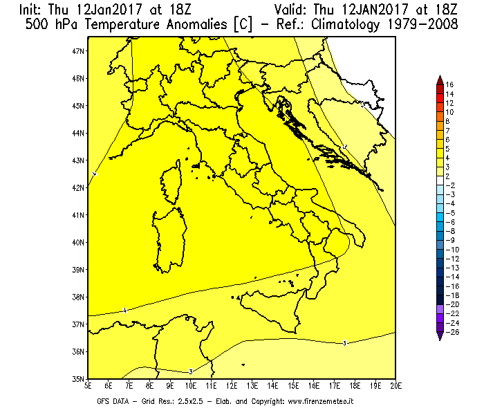 Mappa di analisi GFS - Anomalia Temperatura [°C] a 500 hPa in Italia
							del 12/01/2017 18 <!--googleoff: index-->UTC<!--googleon: index-->